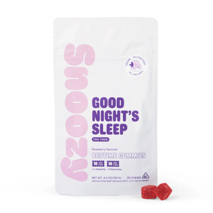 Snoozy Good Nights Sleep Gummies- 20 Pieces, Flavor: Raspberry, THC Free Bedtime, Strength: 10MG CBD + 10MG CBN + 0MG THC - The Society 