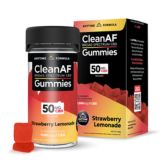 CleanAF BROAD SPECTRUM 50MG CBD GUMMIES 20CT/JAR- STRAWBERRY LEMONADE - The Society