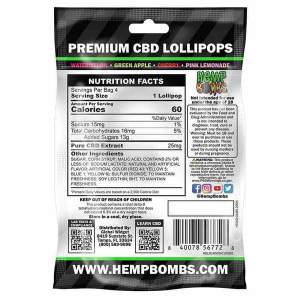 Hemp Bombs - CBD Edible - Jolly Lollipops Assorted - 25mg Assorted - 4 Pack - The Society 