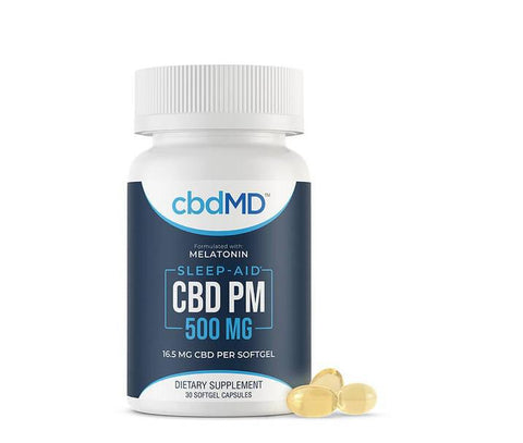 cbdMD - CBD Softgels - PM Softgels + Melatonin for Sleep - 500mg-1000mg - 30 Count - 500mg - The Society 